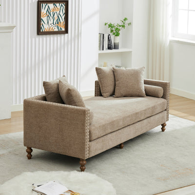 Upholstered Chaise Lounge Indoor with Nailheads, Sleeper Sofa Couch with 4 Throw Pillows & 2 Bolsters, Daybed with Rubberwood Legs, Taupe Chenille,75.2'' Wide