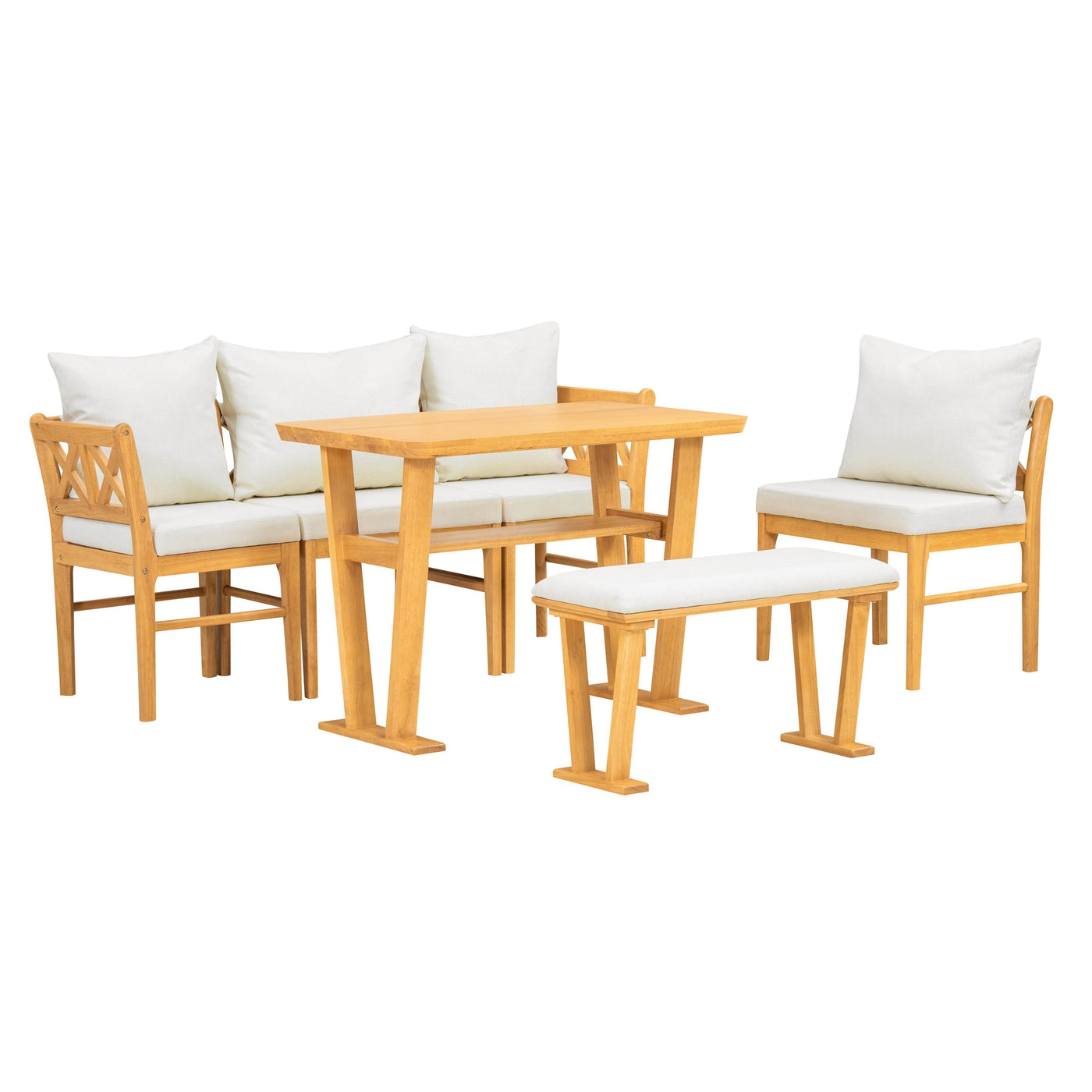 Farmhouse Solid Wood Dining Nook Set for 6, Space-Saving High Top Corner Table with Bench & Chairs, Natural+White