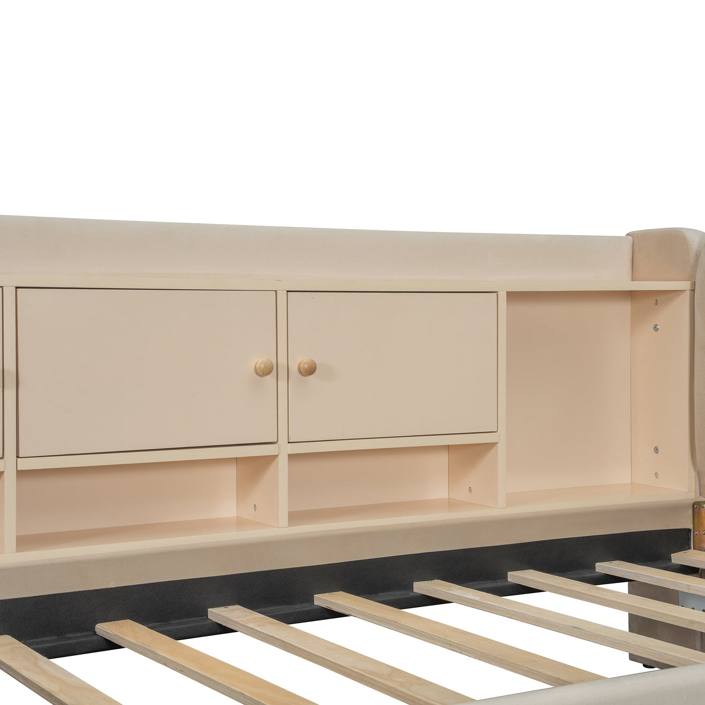 Twin Size Upholstered Daybed with Drawers, Shelves, Flip Cabinets & Side Table (Beige)