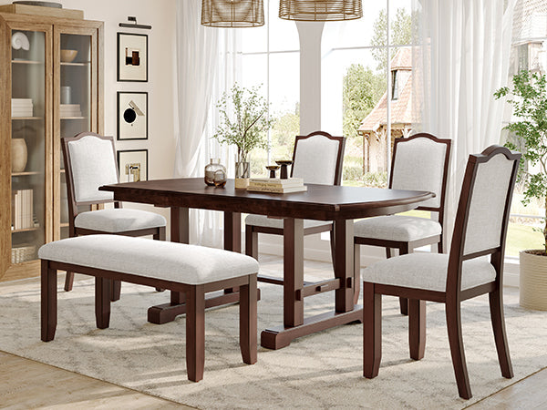 6-Piece Extendable Dining Table Set, 60–78 in. Wood Table with Removable Leaf, 4 Upholstered Chairs and Bench, Cherry Finish