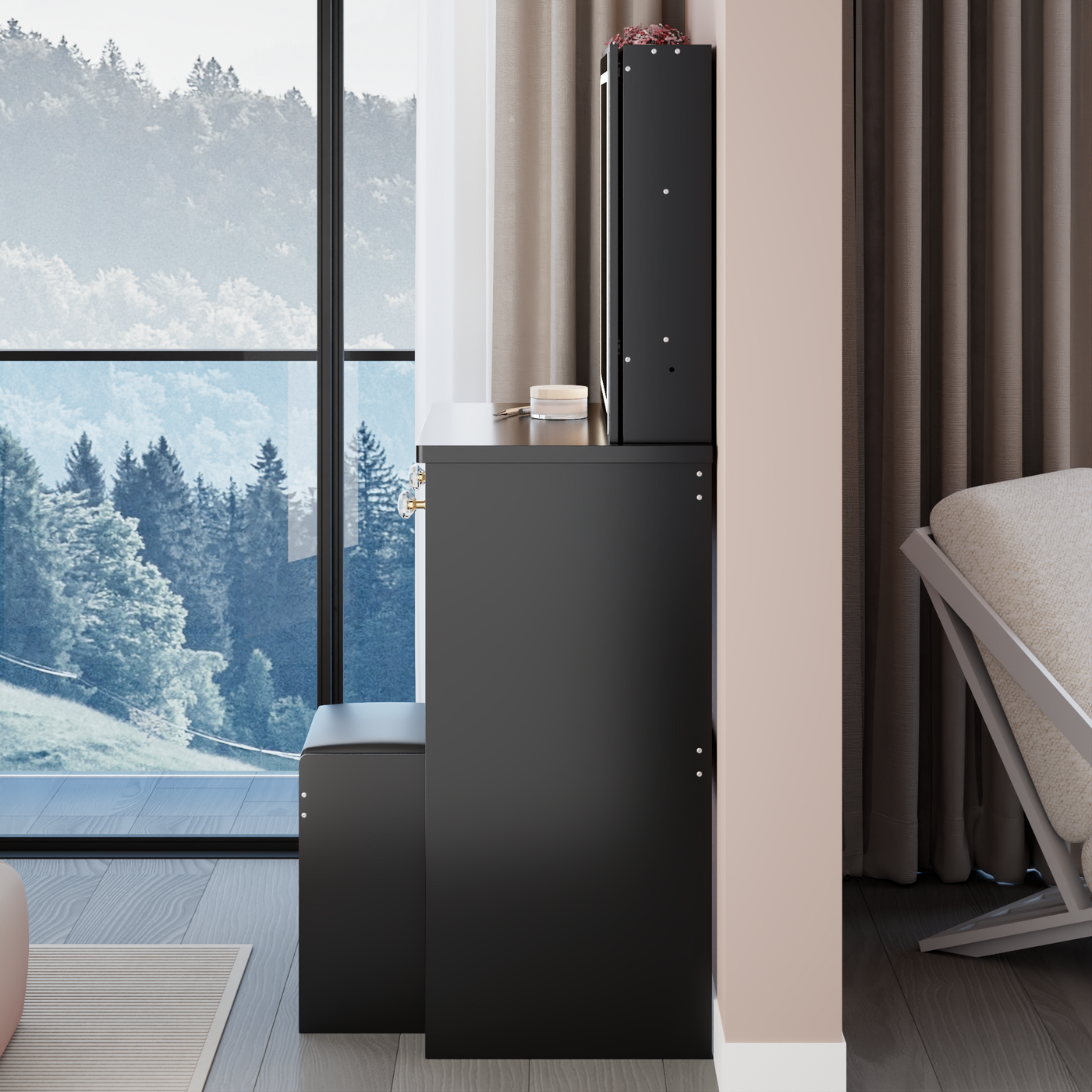 37' Middle Size Left Bedside Cabinet Vanity Table + Cushioned Stool, Extra Large Right sliding mirror, Multi Layer High Capacity Storage, Practical Fashionable Dresser, Suitable For Middle Space