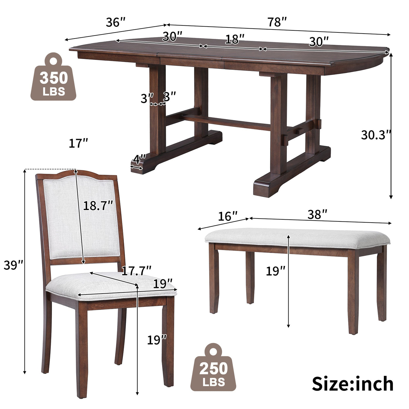 6-Piece Extendable Dining Table Set, 60–78 in. Wood Table with Removable Leaf, 4 Upholstered Chairs and Bench, Cherry Finish