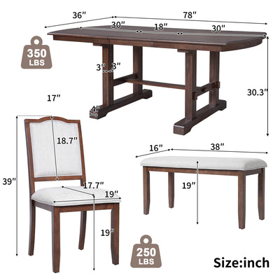 6-Piece Extendable Dining Table Set, 60–78 in. Wood Table with Removable Leaf, 4 Upholstered Chairs and Bench, Cherry Finish
