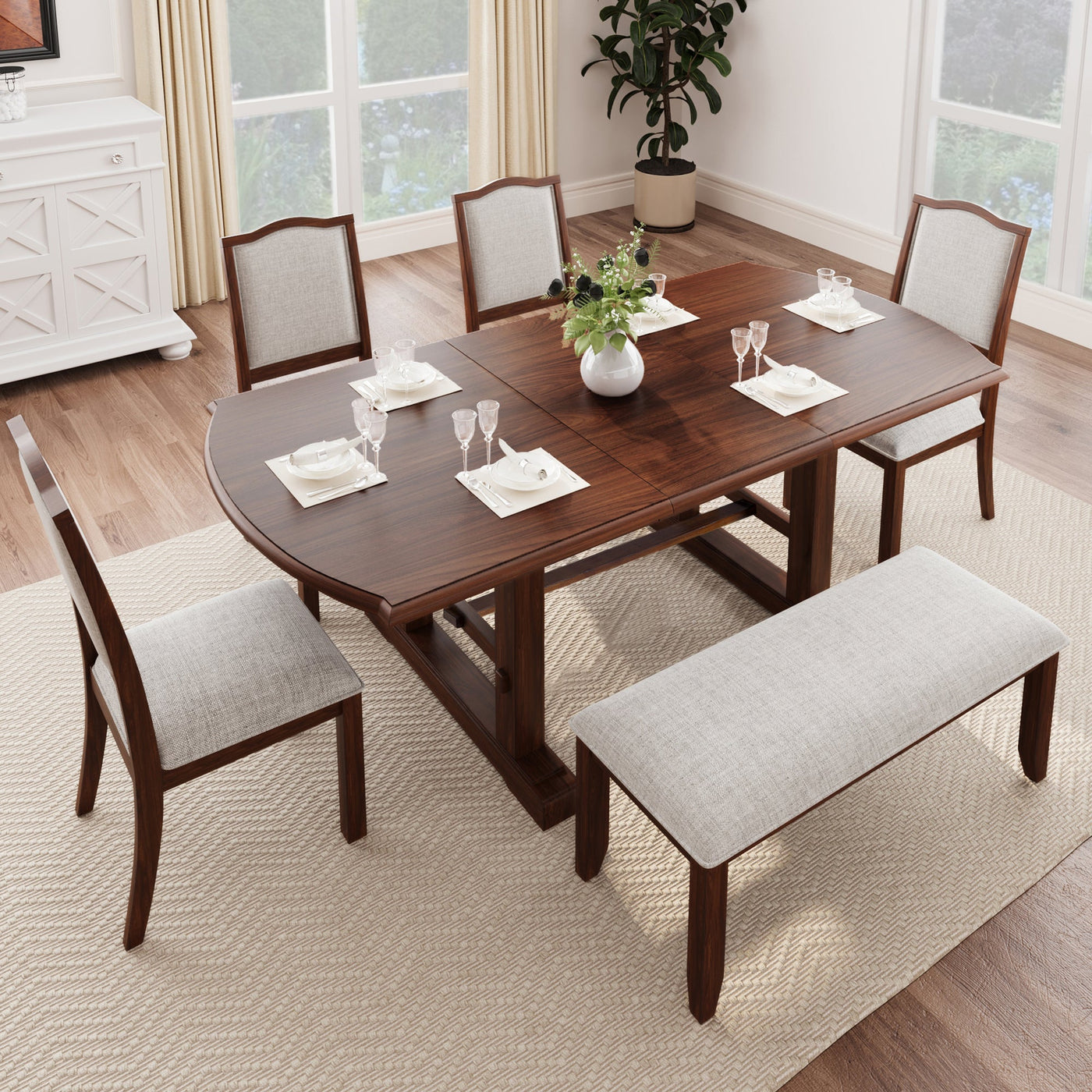 6-Piece Extendable Dining Table Set, 60–78 in. Wood Table with Removable Leaf, 4 Upholstered Chairs and Bench, Cherry Finish