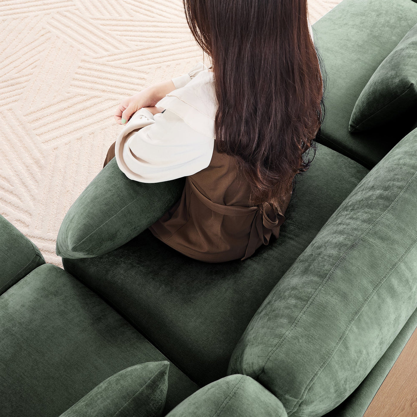 Stylish Two-Seater Sofa with Ottoman and Lumbar Pillows, Green Chenille Fabric, Ergonomic Design