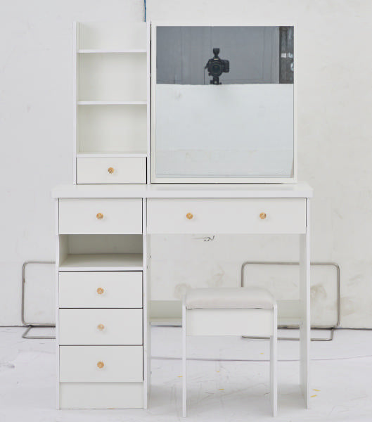 37' Middle Size Left Drawer Desktop Vanity Table + Cushioned Stool, Extra Large Right sliding mirror, Multi Layer High Capacity Storage, Practical Fashionable Dresser, Suitable For Large Space