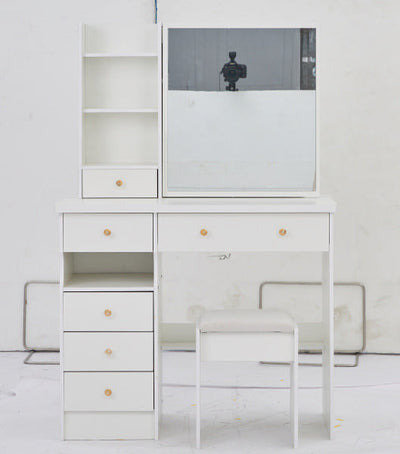 37' Middle Size Left Drawer Desktop Vanity Table + Cushioned Stool, Extra Large Right sliding mirror, Multi Layer High Capacity Storage, Practical Fashionable Dresser, Suitable For Large Space