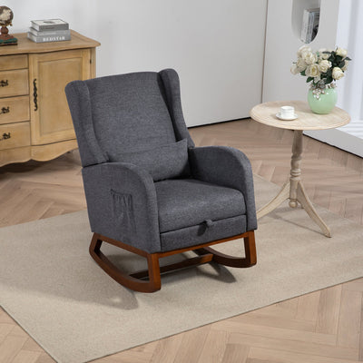 25.4'W Modern Rocking Chair for Nursery, Mid Century Accent Arm Rocker With Retractable Footrest, Side Pocket, Comfy Upholstered Wingback Wooden Glider Chair for Living Room Baby Kids Room. Charcoal