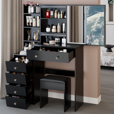 37' Middle Size Left Bedside Cabinet Vanity Table + Cushioned Stool, Extra Large Right sliding mirror, Multi Layer High Capacity Storage, Practical Fashionable Dresser, Suitable For Middle Space