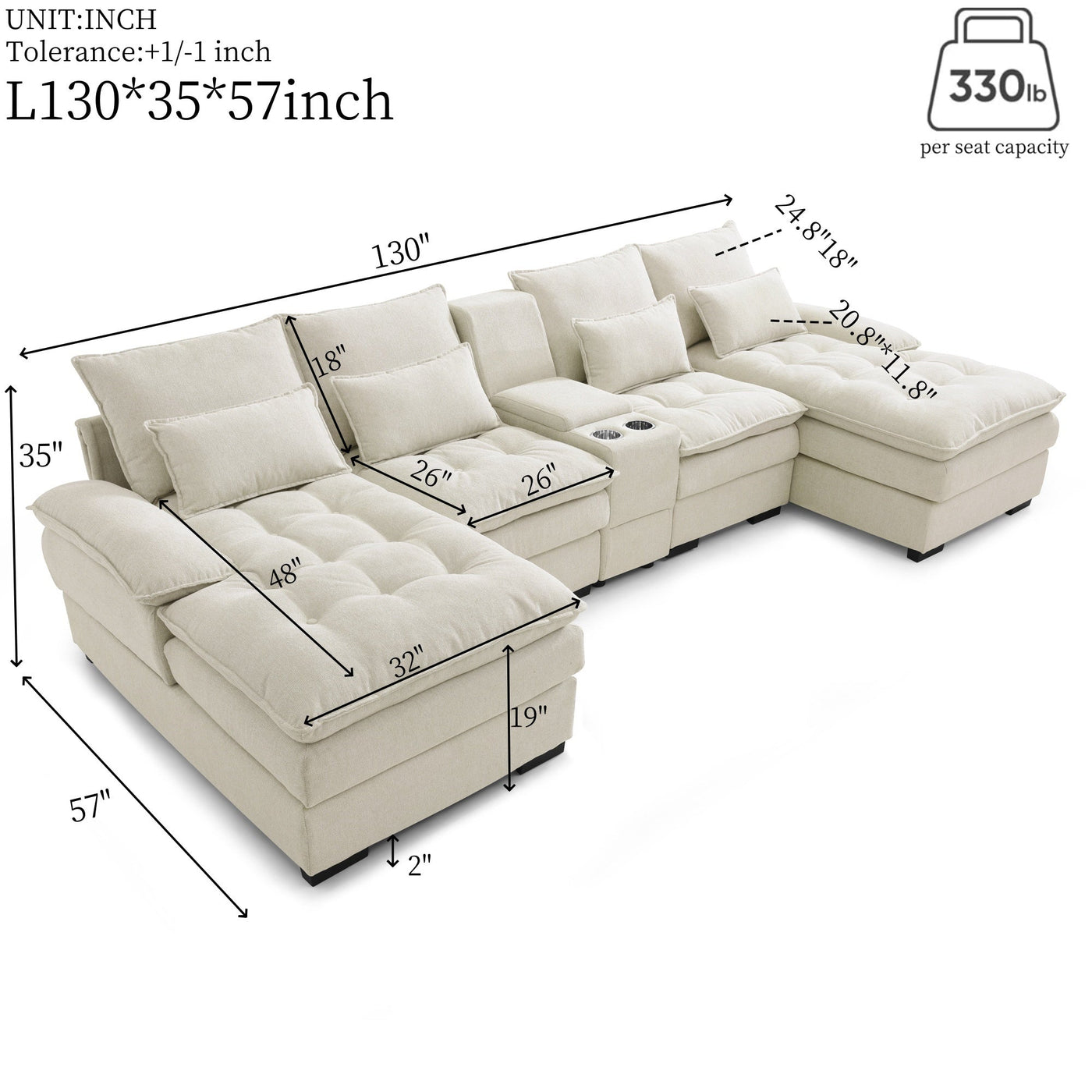U-shaped Beige Upholstered Sofa with Console and Cupholders for Living Room