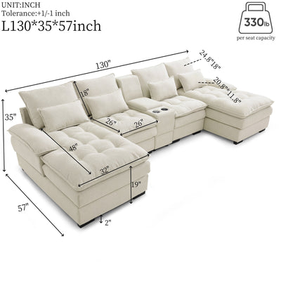 U-shaped Beige Upholstered Sofa with Console and Cupholders for Living Room