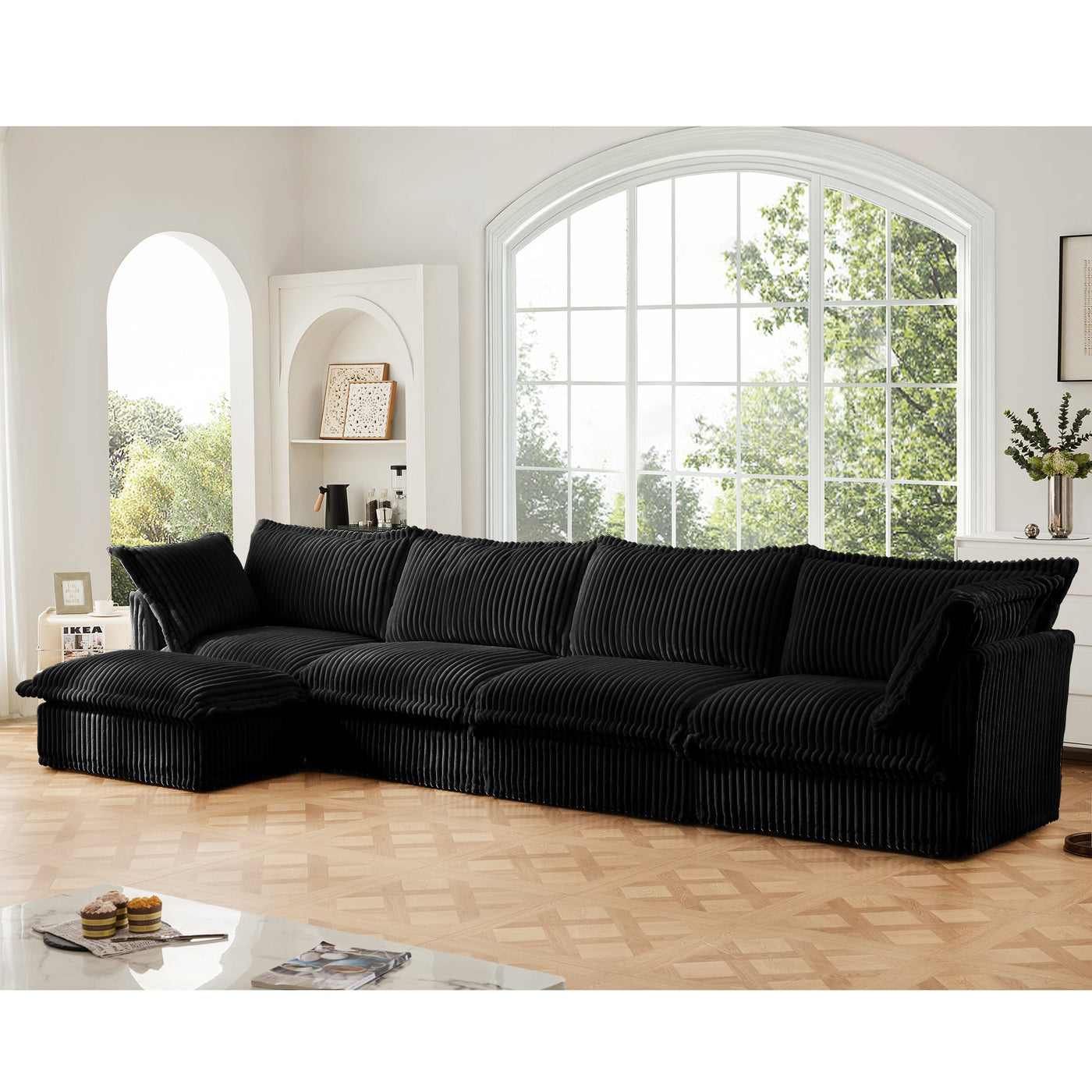 Slipcovered L Shape Sectional Long Sofa Couch, 4 Seater Sofa with Suppleness Armrests,Deep Seat Sofa with 2 Big Pillows, Comfy Couch for Living Room, Apartment, Black Corduroy Fabric