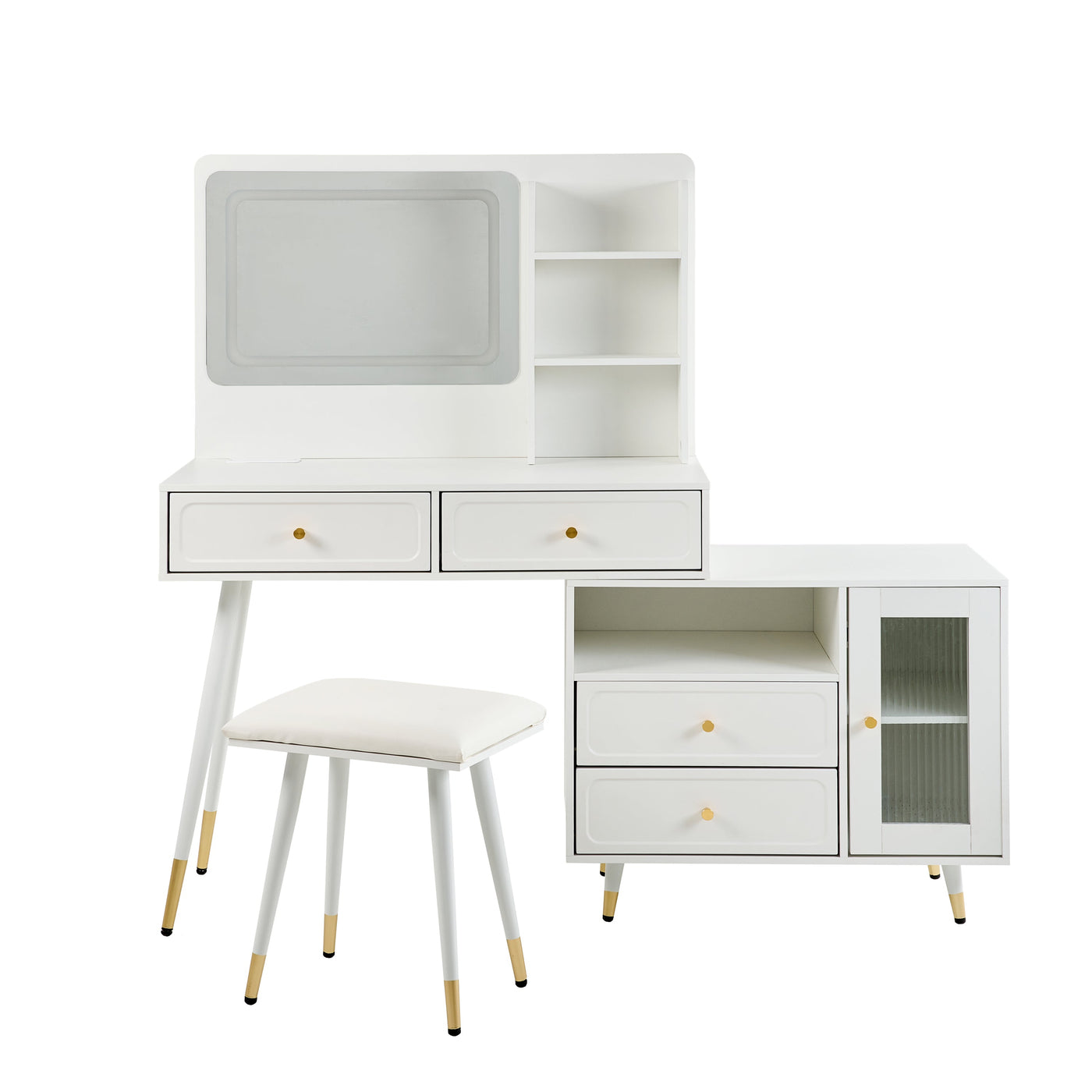 Modern Makeup Vanity Desk with Mirror and Lights, Retractable Dressing Table with Drawers and Cabinet, Compact Makeup Table Set with Power Outlet for Bedroom, White