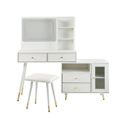 Modern Makeup Vanity Desk with Mirror and Lights, Retractable Dressing Table with Drawers and Cabinet, Compact Makeup Table Set with Power Outlet for Bedroom, White