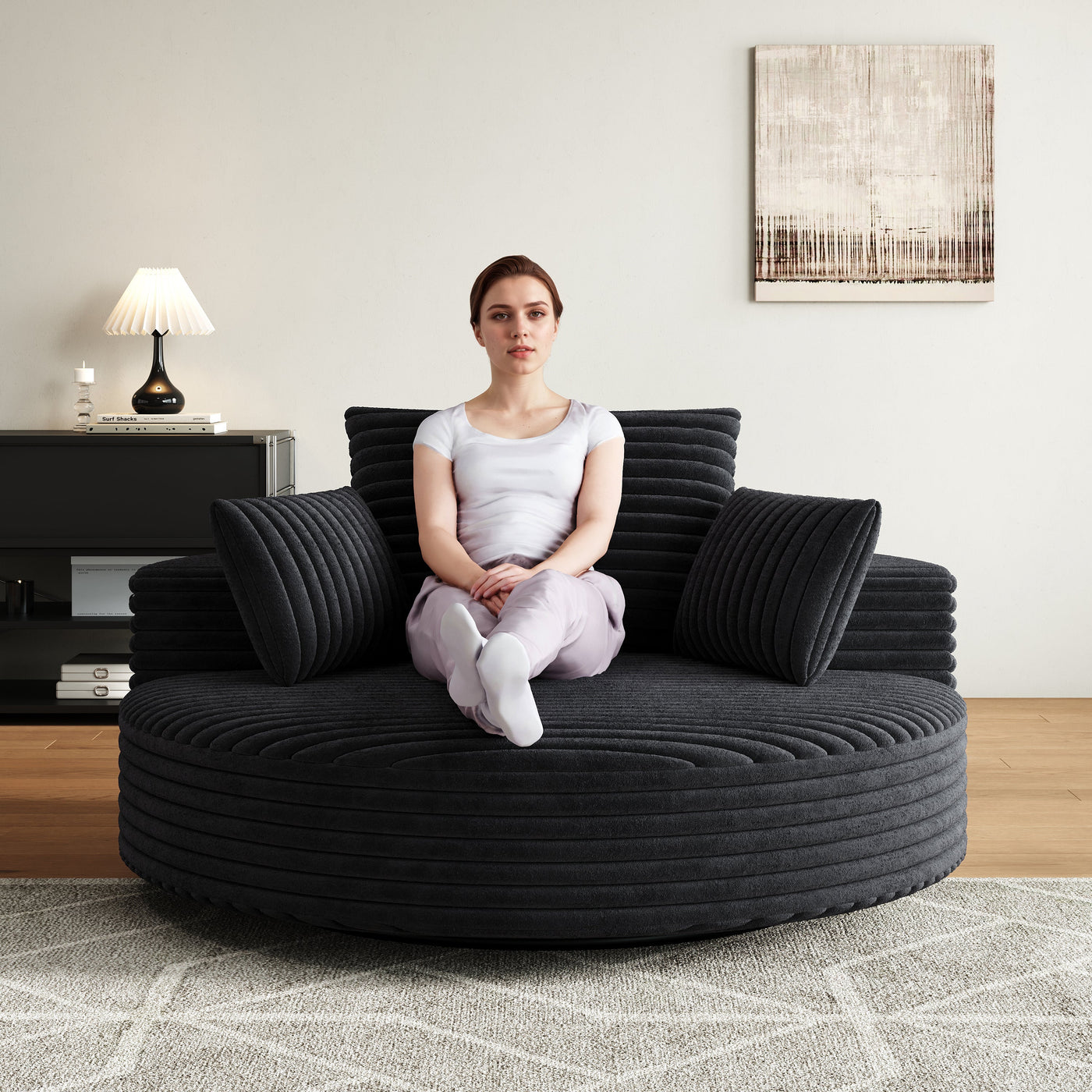 55''L Corduroy Chenille Foam Single Swivel Chair, Fluffy Modern Sleeper, 360 Degree Swivel Chair for Living Room, Bedroom, Lounge and Projection Room