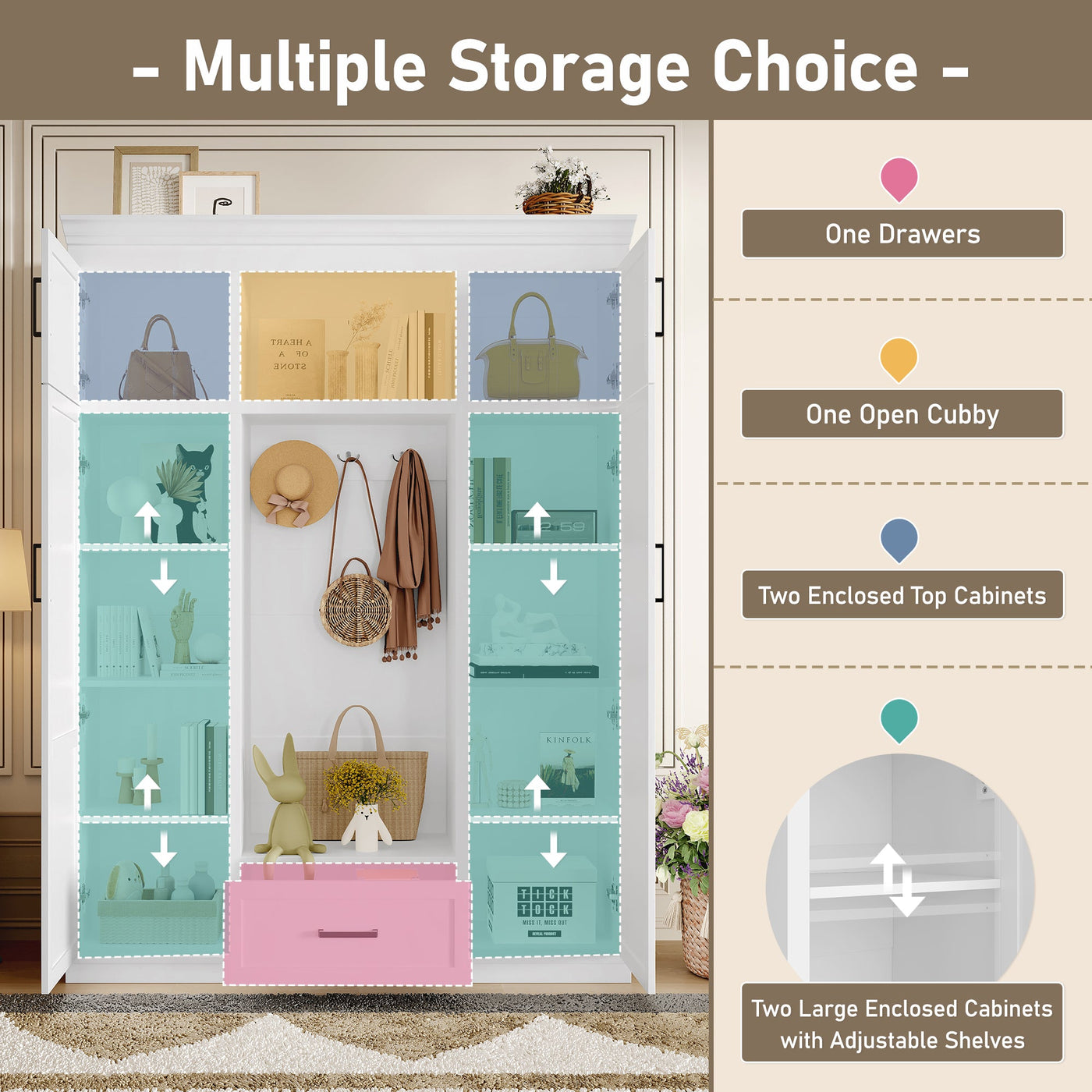 U-Can 85.2''H Hall Tree with Bench and 3 Hooks, Modern Entryway Storage Organizer Cabinet with 4 Doors, 1 Drawer and Adjustable Shelves for Hallway, Entryway, Living Room