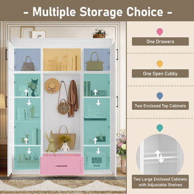 U-Can 85.2''H Hall Tree with Bench and 3 Hooks, Modern Entryway Storage Organizer Cabinet with 4 Doors, 1 Drawer and Adjustable Shelves for Hallway, Entryway, Living Room