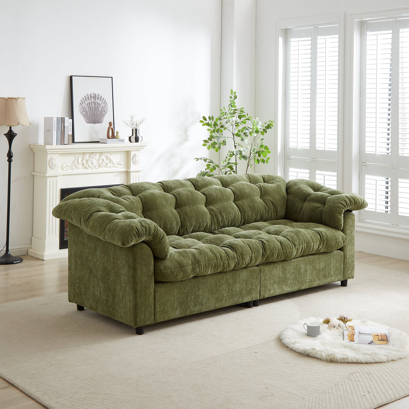 99.2' Chenille Modern Comfort Deep Seat Sofa, Upholstered Fluffy Cloud Sofa Suitable for living rooms, bedrooms, offices and apartments, Green
