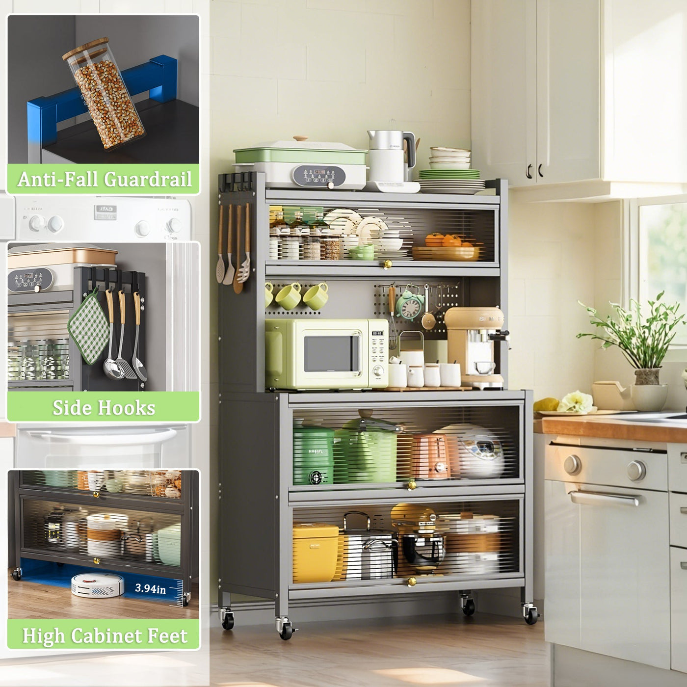 64' Kitchen Pantry Storage Cabinet, 5 Tier Metal Storage Cabinet with Wheels, Transparent Flap Door &  DIY Hole Board , Kitchen Storage Bakers Rack, for Kitchen, Living Room and Dining Room, Gray