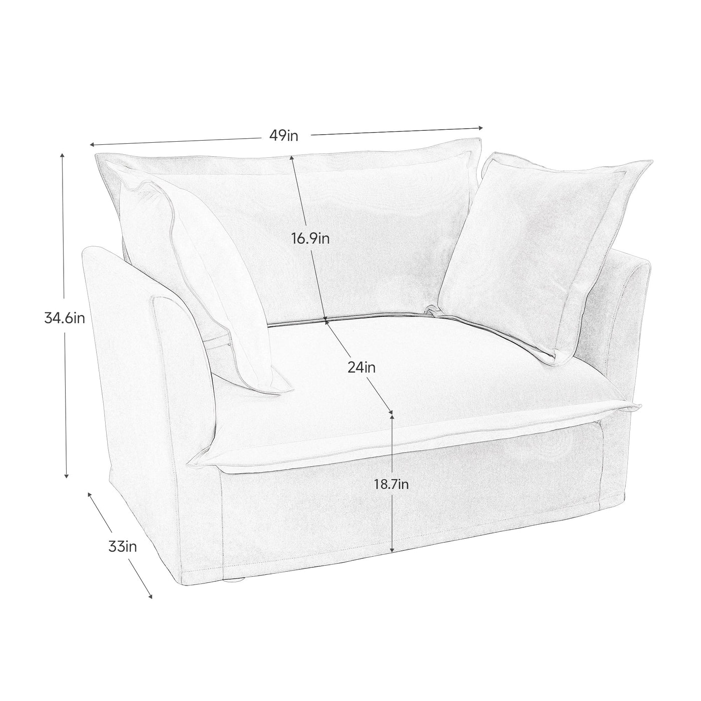 Slip-covered Armchair with 1 Big Back Cushion and 2 Big Toss Pillows, Single Deep Seat Comfy Single Couch Sofa Multiple Large Soft Pillows, Chenille Fabric, Black