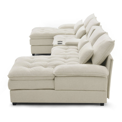 U-shaped Beige Upholstered Sofa with Console and Cupholders for Living Room