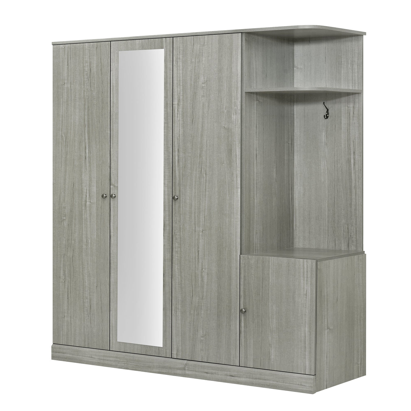 4-Door Wardrobe with Shelves, Drawers, and Full-Length Mirror, Gray