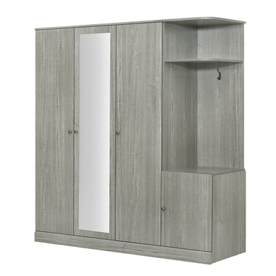 4-Door Wardrobe with Shelves, Drawers, and Full-Length Mirror, Gray